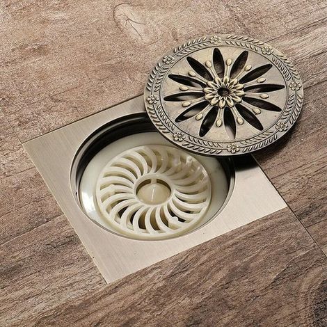 Scarico a pavimento - Scarico doccia in ottone, griglia di scarico a pavimento quadrata antiodore per bagno, grande diametro 10 x 10 cm, accessori per il bagno (1/5)