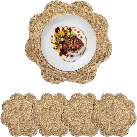 APEX Ensemble de six sets de table ronds en paille tressée, 30×30cm, style bohème champêtre, bords en forme d'éventail.