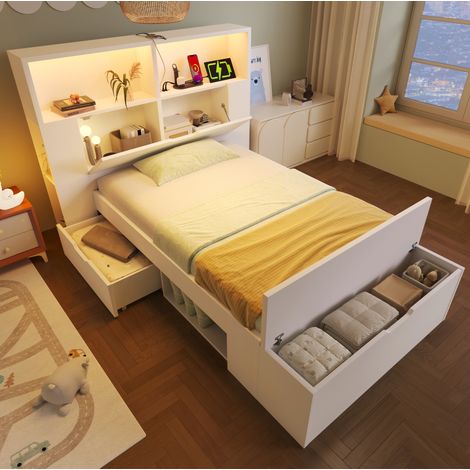 DESVIAE Lit simple en bois 90 x 200 cm avec rangement LED USB tiroirs banquette et étagères blanc (1/5)