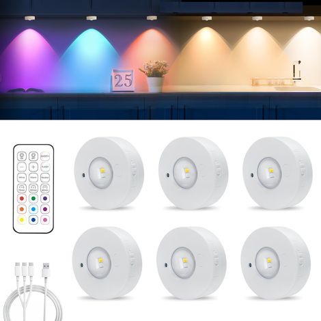 Éclairage d'armoire LED rechargeable sans fil aimanté, 3 températures + 9 couleurs RGB, dimmable, pour vitrine, armoire, cuisine [lot de 6]