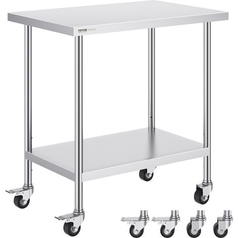 VEVOR Mesa de Trabajo de Acero Inoxidable Mesa de Preparación con 4 Ruedas 3 Niveles de Altura Ajustable Mesa de Trabajo de Preparación de Alimentos para Cocinas Restaurantes Comerciales 91,4x61 cm (1/5)