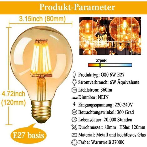 Lampadina LED vintage Edison E27 G80 da 6W, luce bianca calda, filamento anticato – Confezione da 3 per decorazioni retrò in caffè, bar o case