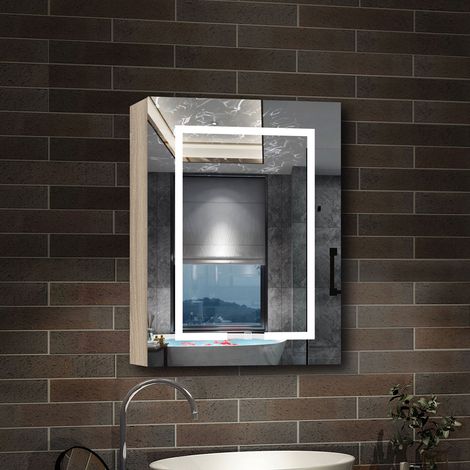 AICA Armoire murale de salle de bain LED, avec Prise Rasoir, 70x40cm, Anti-Buée + Tricolore LED, Chêne (1/5)