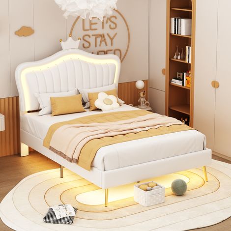 Kinderbett Polsterbett Kunstleder Weiß mit LED-Beleuchtung und Lattenrost (1/5)