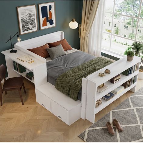 Lit enfant 120x200 cm avec bureau et rangements, module réversible, blanc HAVRYA (1/5)