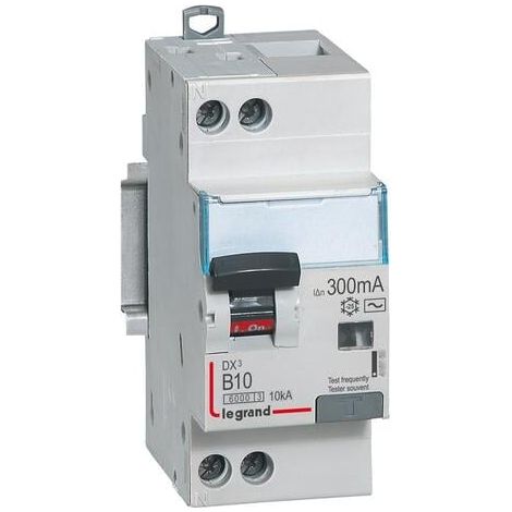 Disjoncteur différentiel monobloc DX³6000 10kA arrivée haute départ bas à vis U+N 230V - 10A - typeAC 300mA - courbe B - 410898 - LEGRAND