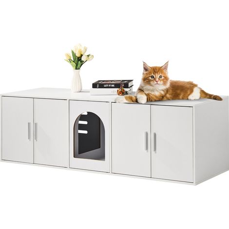 VEVOR Muebles de Baño Oculto para 2 Gatos 1,47 x 0,46 x 0,45 m Casa de Inodoro para Gatos con Puertas Decoradas de Ratán Armario de Madera para Ocultar las Cajas de Arena para Gatos, Blanco