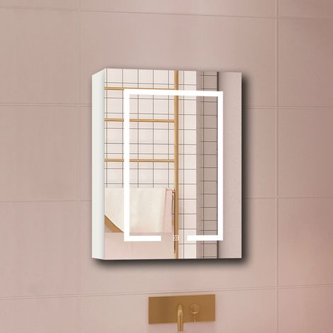 Aica Armoire avec miroir LED de Salle de Bain Murale, avec Prise Rasoir, 70x40cm, Anti-Buée + Tricolore LED, Blanc