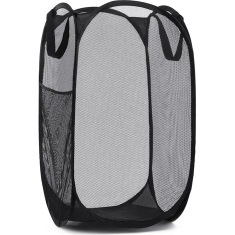 Panier à Linge Pliable - Maille Respirante - Ouverture Large - Poche Latérale - Noir - 1 Pièce (1/5)