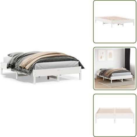 The Living Store Cadre de lit sans matelas blanc 150x200 cm bois de pin massif - Cadre De Lit - Lit Double - Lit En Bois - Bois De Pin - Lattes De Contreplaqué