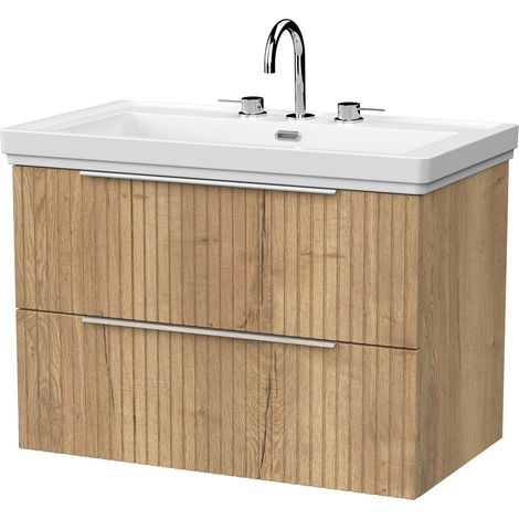 Callingwood Contemporary Wall Hung 2 Drawer Vanity Unit with Traditional 3 Tap Hole Fireclay Basin , 800mm, Autumn Oak