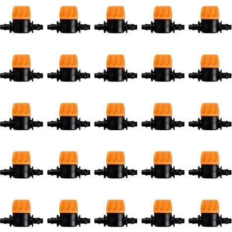 pair 25 Pièces 4/7 Vanne D'irrigation, Mini Valves de Contrôle pour Tuyau d'arrosage 4/7mm, Valves d'arrêt Cannelées 1/4 Pouce Tuyau d'irrigation Goutte à Goutte, Mini Tuyau Vanne d'eau Travers (1/5)
