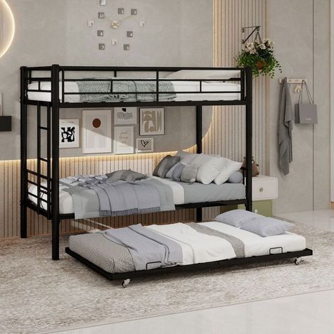 Lit Superposé 3 Places90x190cm en Métal Noir - Lit Superposé - Avec Lit Gigogne, Échelle Robuste, Gain de Place, Idéal Pour Enfants. (1/5)