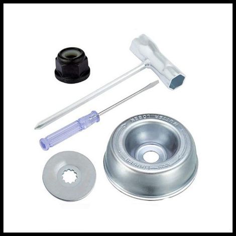 Kit adaptador de cuchillas para desbrozadora Stihl FS55 FS56 FS80 FS85 FS90 FS100 FS110RX FS120 FS130 FS200 FS250 FR220 FR350 FR450 FR480 (Placa de montaje, arandela de tope, tuerca de collarín, llave (1/3)