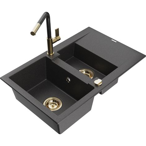Mexen Gaspar lavello in granito 1,5 vasche con gocciolatoio e miscelatore cucina Flora, nero punteggiato - 6507-76-670401-75-G (1/5)