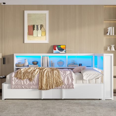 Lit banquette 90x200 cm lit gigogne en métal avec couchage d’appoint, placards de rangement, éclairage led et ports usb, blanc (1/5)
