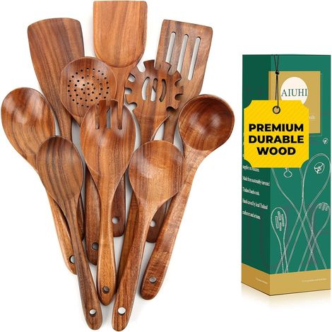 Lot de 10 ustensiles de cuisine en bois de teck avec poignée confortable - Antiadhésifs et anti-rayures - Cuillères en bois pour la cuisine (1/5)