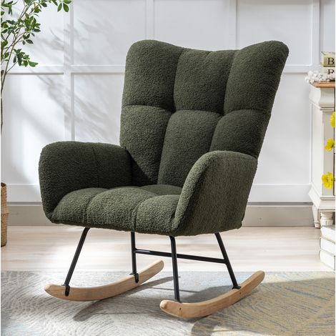 Fauteuil à bascule en tissu teddy, dossier incurvé, accoudoirs, base bois et métal, pour salon - vert foncé
