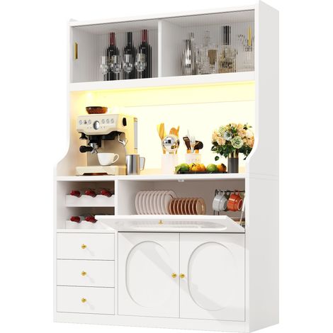 Hochschrank mit 3 Schubladen, Glasschiebetüren und RGB-Beleuchtung für Küche, MDF, 120 x 40 x 180 cm, Weiß (1/5)