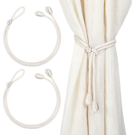 Sujetadores de cortina ajustables (juego de 2) – Estilo bohemio – Blancos – Ideales para sujetar o mantener las cortinas recogidas (1/5)
