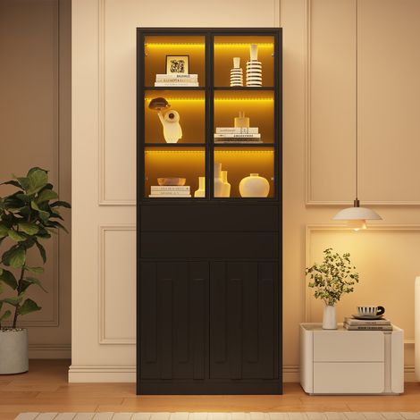 Vitrine haute 70x34x180 cm-2 portes en verre trempé-2 tiroirs-LED Bluetooth avec appli-7 compartiments-Étagères réglables-Noir (1/5)