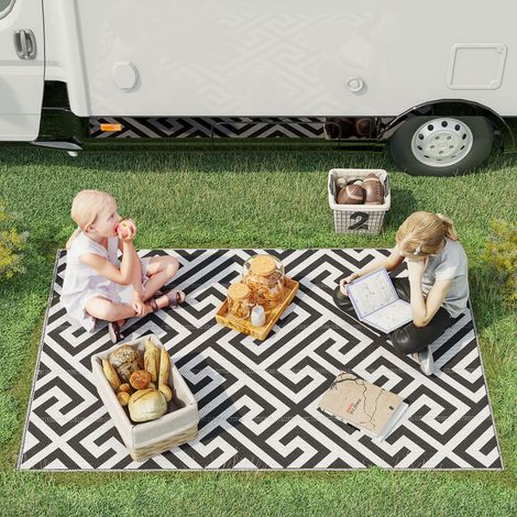 Moquette extérieure Tapis en plastique 121x182 cm double face noir et blanc résistante à l’eau pour patio et jardin