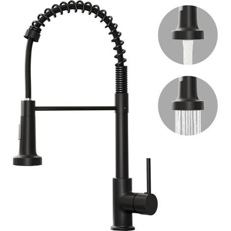Matte black kitchen sink tap - 2-function kitchen sink mixer tap with pull-out spray head - 360° swivel spring tap