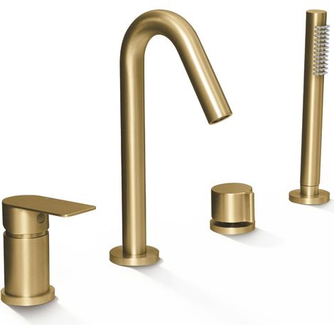 Robinet Baignoire 4 Trous, Mitigeur Baignoire 4 Trous avec Rotatif 360°, Robinetterie de Baignoire avec Douchette, Or Brossé, 20Y4OK (1/5)
