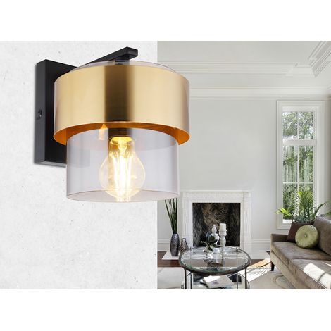 LED Wandleuchte mit Rauchglas Lampenschirm Messingring, Höhe 21,5cm (1/5)
