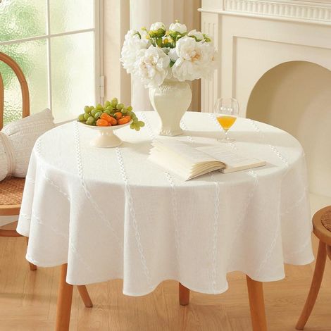 Runde Tischdecke 135cm Weiß Leinenoptik Abwaschbar für Küche & Garten