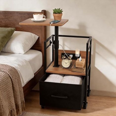 Bedside Table Solid Wood Flat Top Swivel 360° Height Adjustable Height 64-80 cm Sockets 2AC 220V 2USB 5V 2.1A Storage Column Reinforced