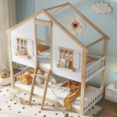 Lit superposé 90x200cm - Avec échelle et garde-corps - Fenêtres et une forme de maison - Blanc + Naturel (sans matelas) (1/5)