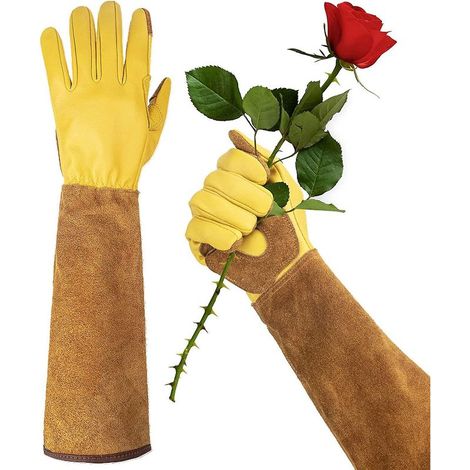 Online Store - Gants de jardinage longs pour femme, en cuir de vachette marron, taille moyenne (1/3)