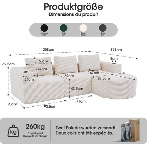 Canapé compressé 265cm largeur avec trois coussins et deux porte-gobelets. Confortable spacieux pour petits salons