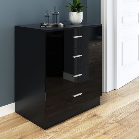ELEGANT Modern High Gloss 4 spacious Drawer Chest with Metal Handles for Bedroom or Home Storage Organizer Black