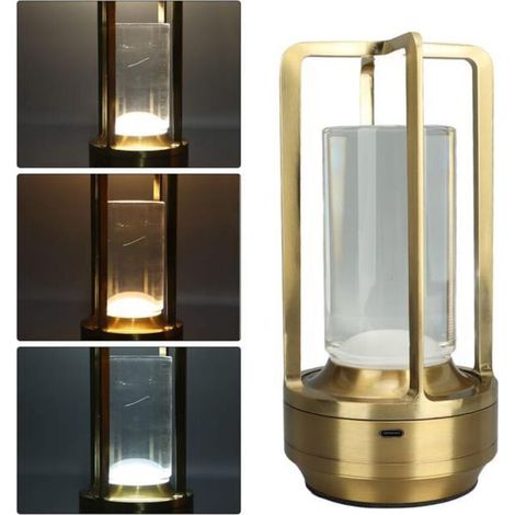 Lampe de table LED portable, rechargeable, 3 couleurs, variateur d'intensité, tactile, pour chambre, salon, bar (dorée) (1/4)