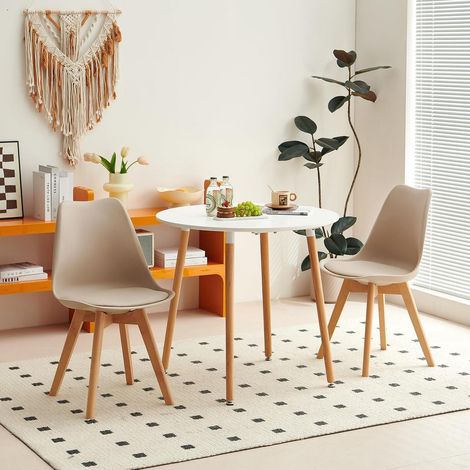 Runder Esstisch mit 2 Stühlen, 80cm Küchentischgruppe, Weiß/Khaki (1/5)