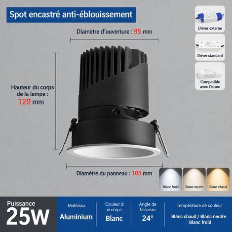 Spot encastrable COB 25W orientable blanc Ø105 mm perçage 95 mm lumière chaude 25w 105 95mm réf 141 g – Livraison gratuite
