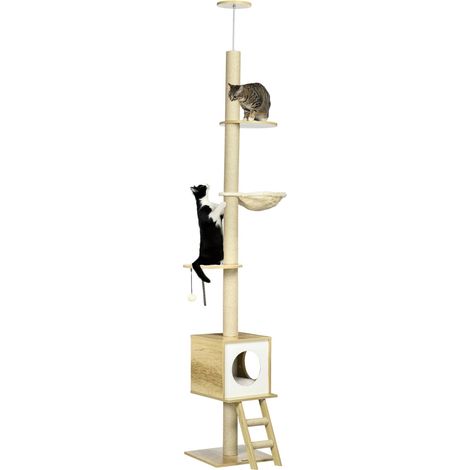 Kratzbaum Deckenhoch 240-260 Cm, Mit Katzenhaus & Hängematte, Hellbraun+Beige