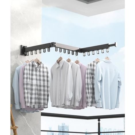 Etendoir à Linge Rétractable Fixation Murale Étendoir à Linge Pliable pour l'intérieur ou l'extérieur Avec 18 crochets (120cm) (1/4)