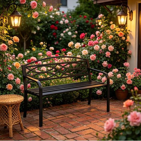 Banc de jardin en métal noir avec dossier et accoudoirs, résistant aux intempéries (1/5)