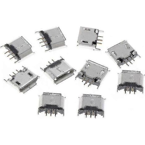 Lot de 10 connecteurs femelles micro USB type B à 5 broches, coudés à 180°, pour soudure SMD/SMT. (1/5)