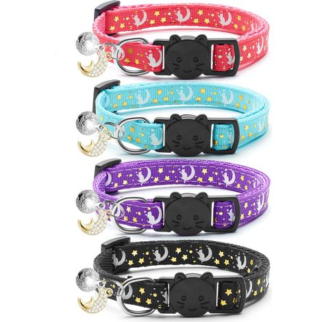 Luminous 4 Cat Collars with Bell, Moon and Stars, Adjustable Collar with Pendant, Cute Kitten Collar for Girls, Boys, Cat, Gifts for Pets (1/5)