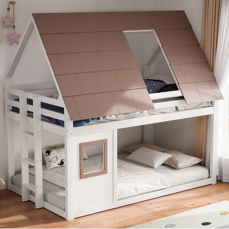 Etagenbett Hausbett Landhausstil aus Holz Weiß Braun 140x200 cm mit Dach, Fenster, Leiter und Lattenrost