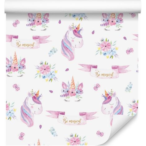 Papel pintado de unicornios, flores y hojas para salón y dormitorio, 50x1000 cm (1/5)