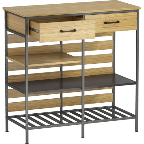 Buffet de cuisine, meuble de rangement avec 2 tiroirs et 3 étagères, 90x40x91 cm, bois naturel et noir (1/5)