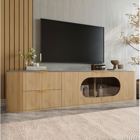 REDOM - Meuble TV 172x38x45.5 cm, façades 3D verticales, vitrine ovale en verre gris, MDF et verre, naturel (1/5)