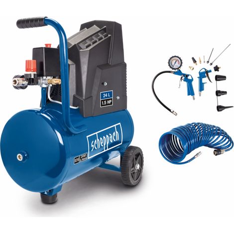Scheppach Compresseur à air HC30o - 1100 W - Admission d'air 200 L/min - Cuve de 24 Litres - 8 bar - Sans huile & Longue durée de vie - Avec 13 accessoires inclus