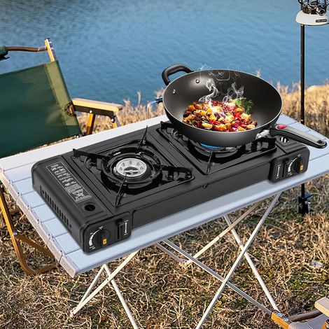 2 Flammiger Gaskocher Schwarz,2-Flammig Campingkocher Gasherd Tragbarer Gas Stove Gas Herd for Picknick mit Piezozündung und Aufbewahrungskoffer(Ohne sie Grillplatte) (1/5)