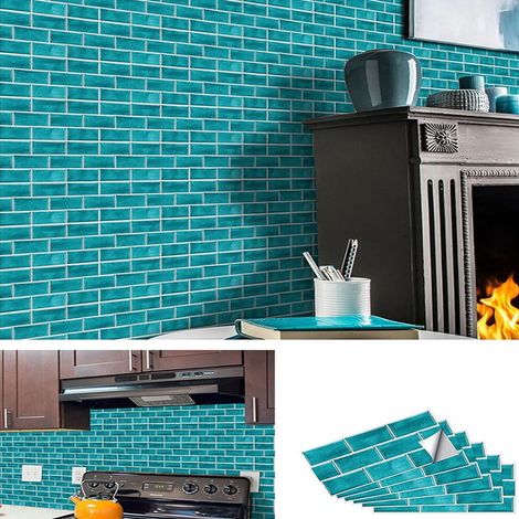 Collection Murale Bleu Céruléen 30x15cm - 12 Plaques Adhésives PVC Marbre Hydrofuge - Ambiance Décoration Européenne Chic (1/5)